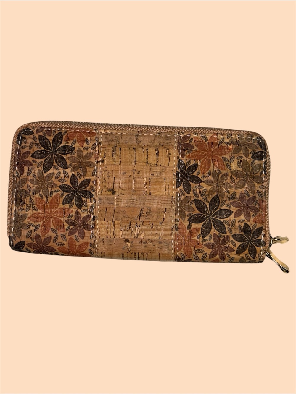 Cork Natural Brown Floral Zip Long Wallet